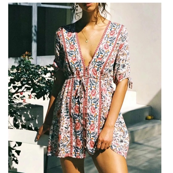 Bohemian Red Floral Button up Mini Dress - Picture 2 of 5